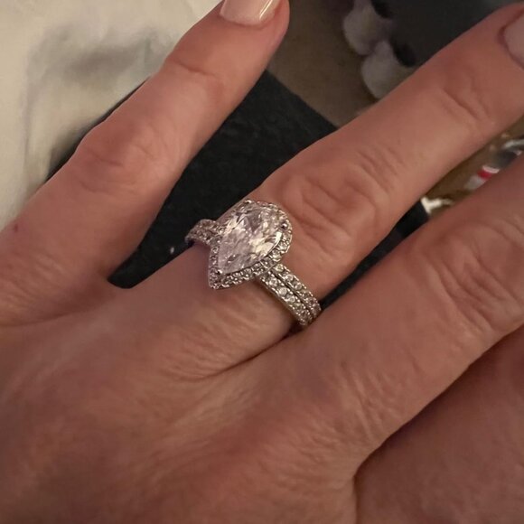 Neiman Marcus 14K White Gold Plated Pear Cubic Zirconia Eternity Engagement Ring - Picture 3 of 5